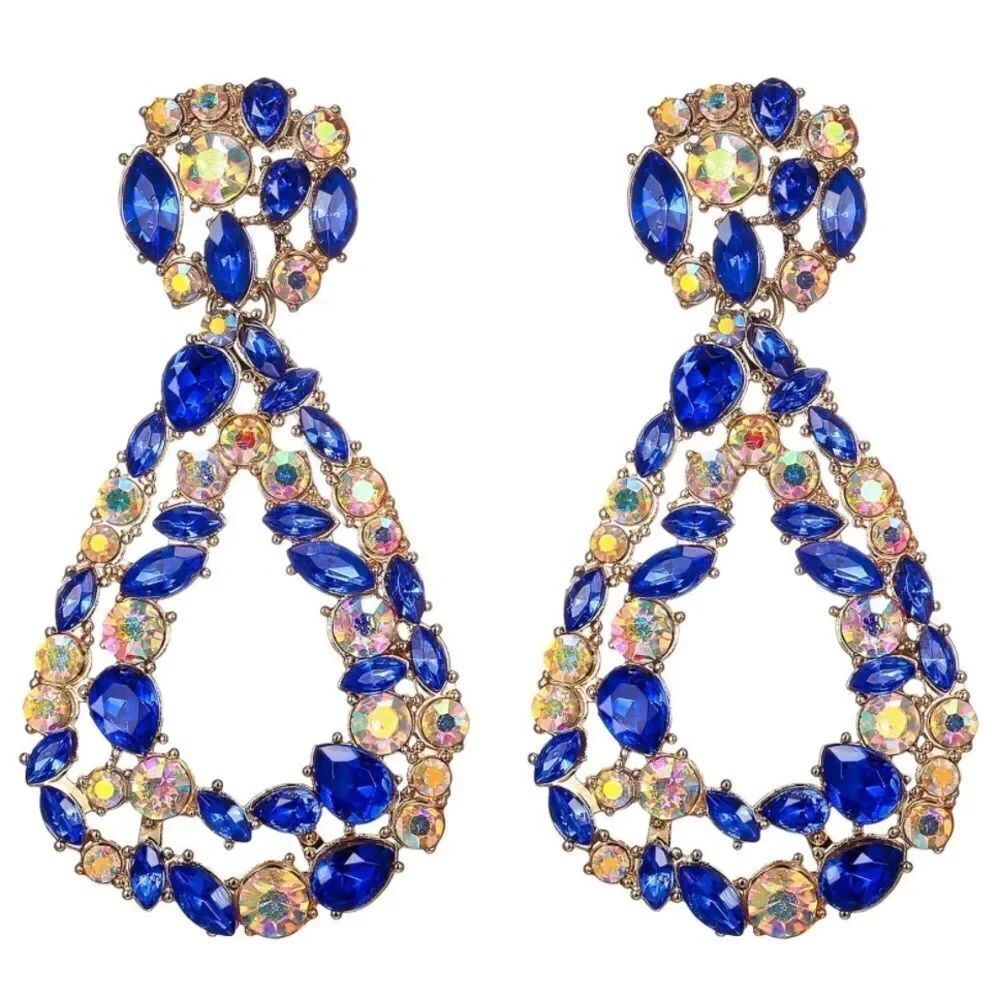 Yellow Gold with Sapphire and Iridescent AB Crystal Geometric Teardrop Earrings